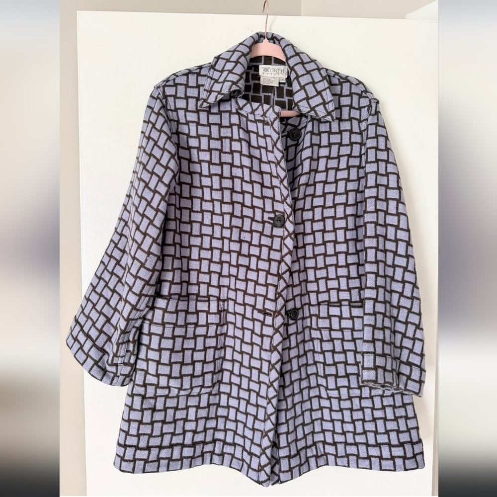 Vintag Worth Jacket Womens Petite Medium  Wool Plaid Reversible Blue Brown
